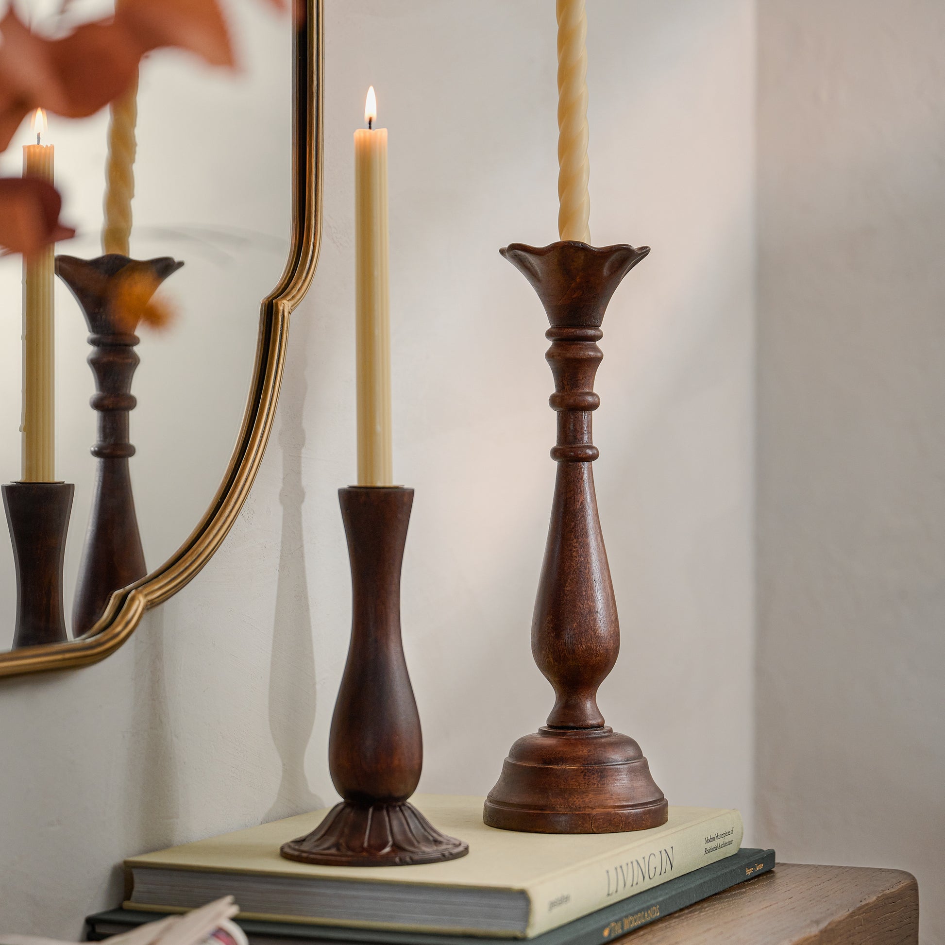 Short and Tall Flora Wood Taper Holders shown with candles