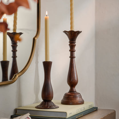 Short and Tall Flora Wood Taper Holders shown with candles
