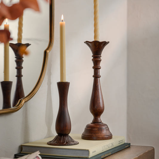Short and Tall Flora Wood Taper Holders shown with candles