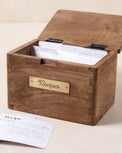 Antiqued Wood Recipe Box open with custom magnolia recipe cards