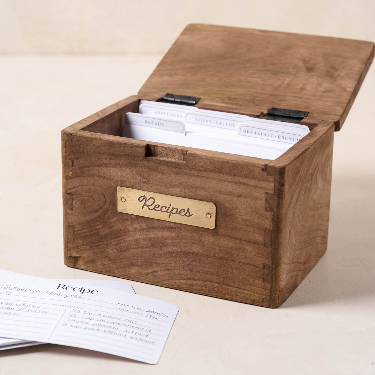 Antiqued Wood Recipe Box open with custom magnolia recipe cards
