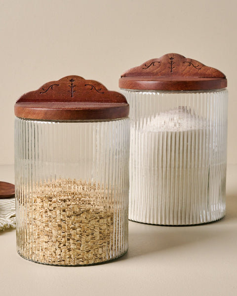 Antiqued Wood Ribbed Glass Canister - Large