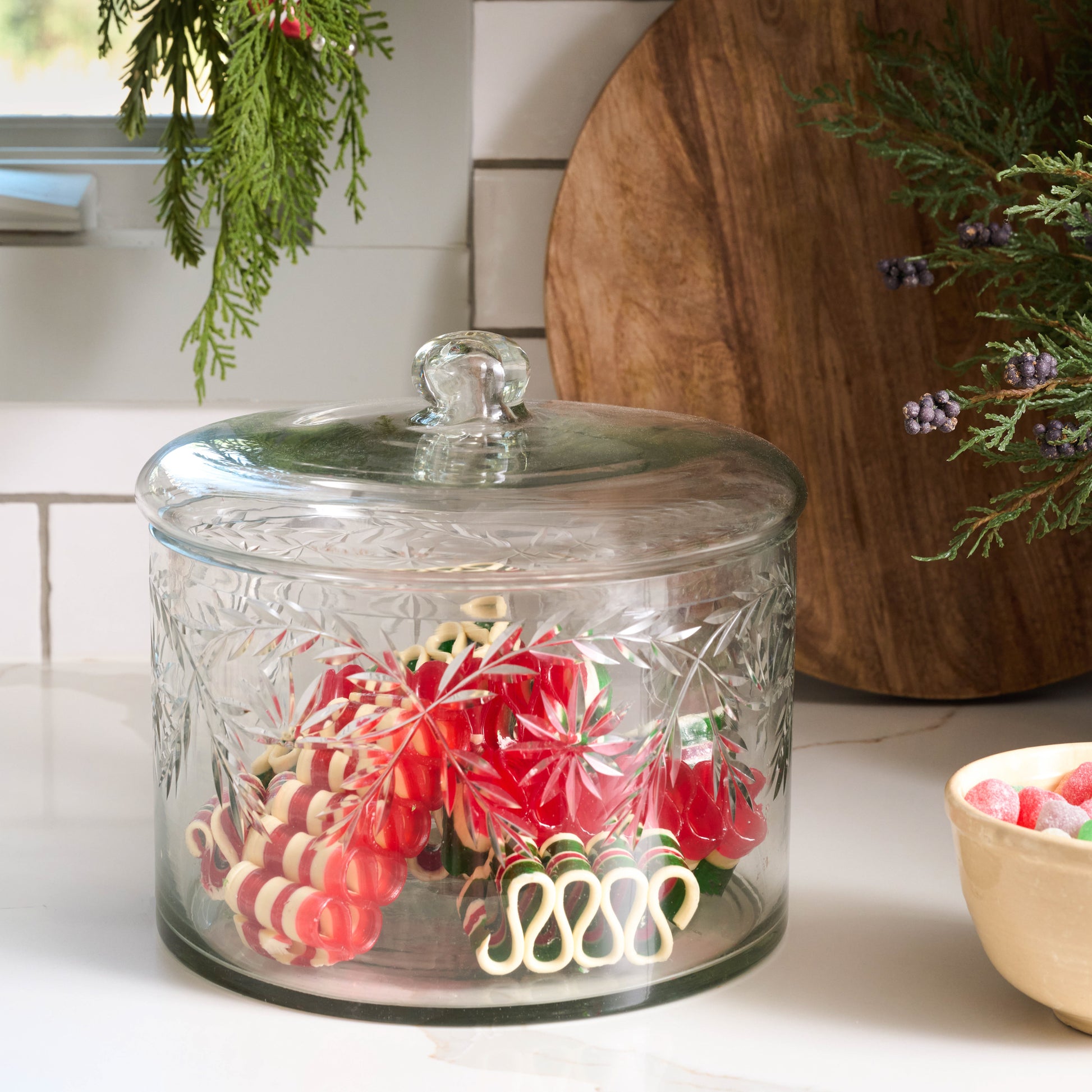 Vivian Cut Glass Canister with candy inside on a countertop