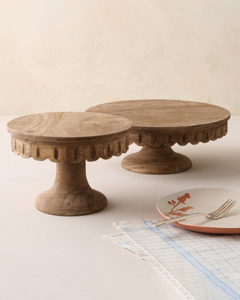 Large Antiqued Wood Scalloped Cake Stand