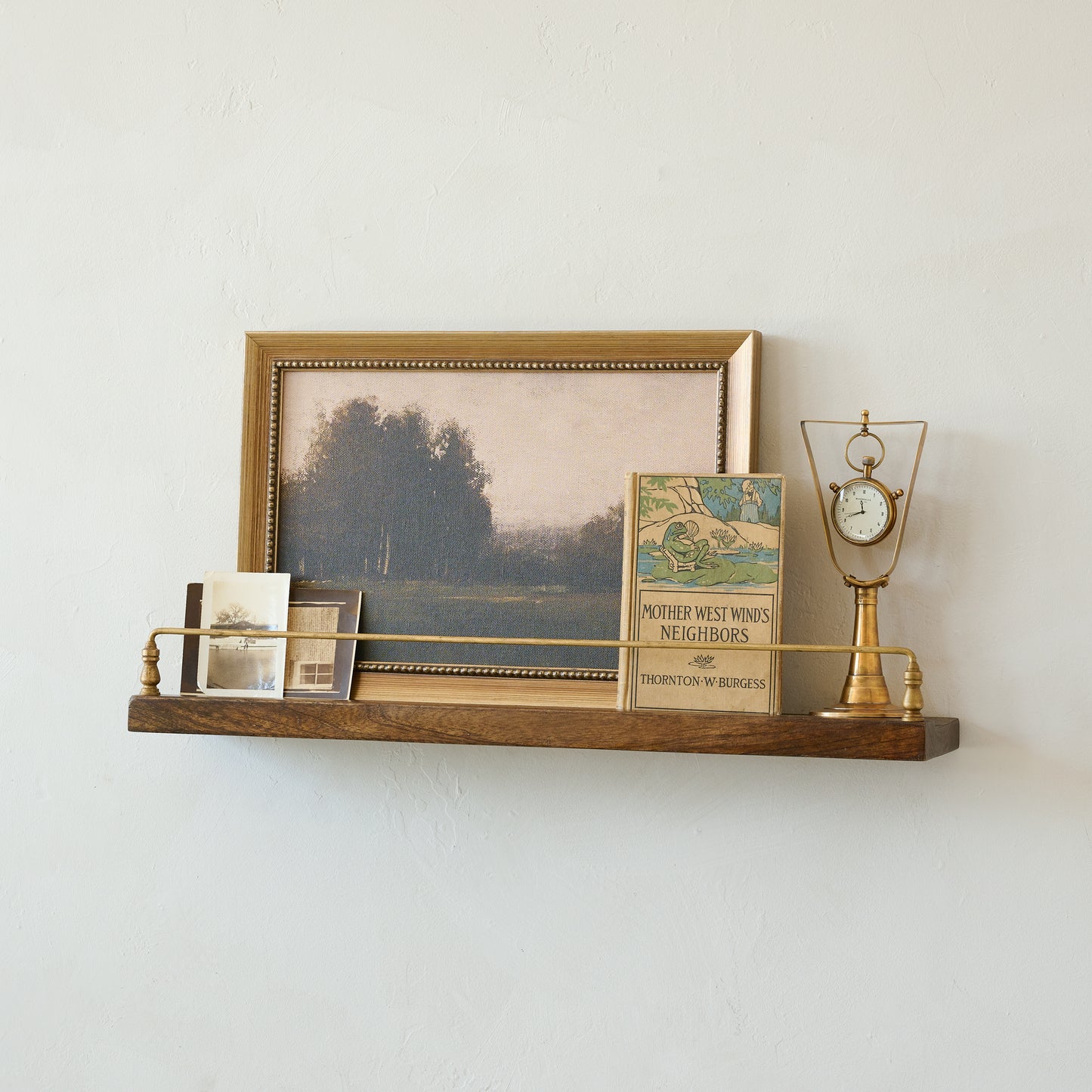 Elliott Wood and Brass Picture Ledge in small size with decor on top