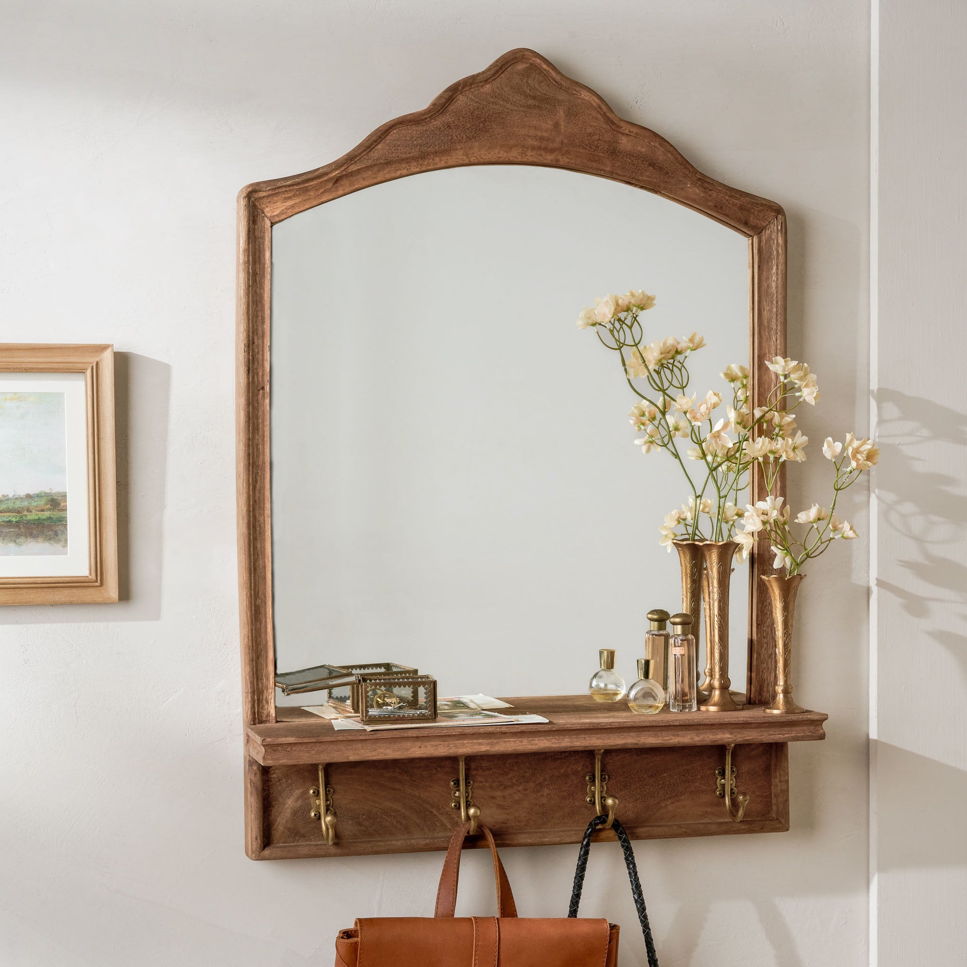 James Mirror with Hooks and Shelf with vase and flowers on shelf