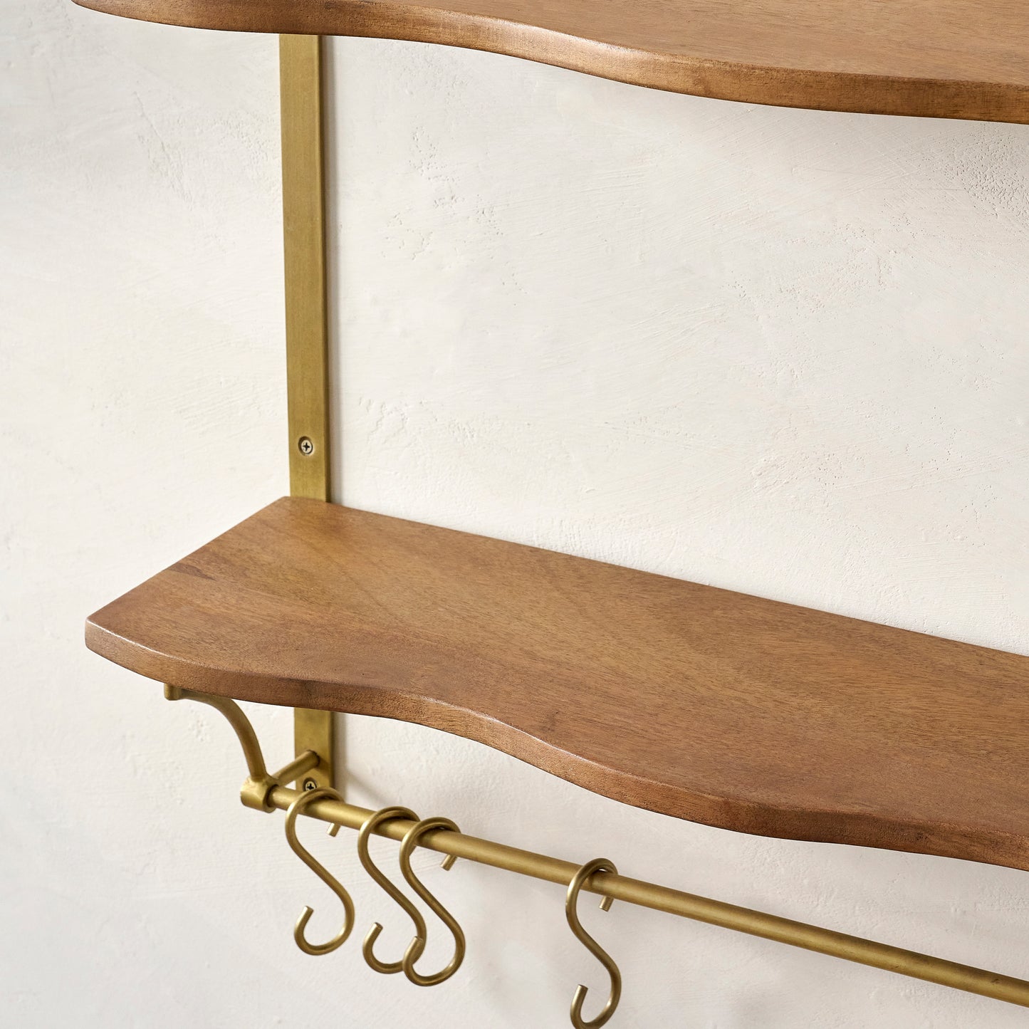 Double Pearson Brass and Wood Shelf with Rail up close