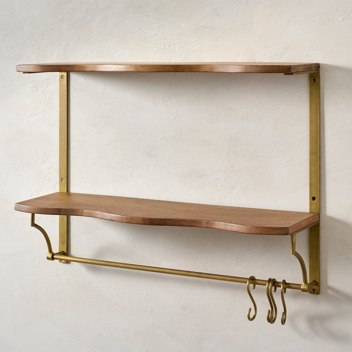 Double Pearson Brass and Wood Shelf with Rail
