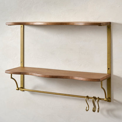 Double Pearson Brass and Wood Shelf with Rail