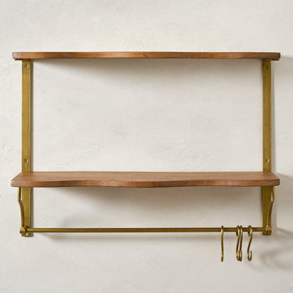 Double Pearson Brass and Wood Shelf with Rail