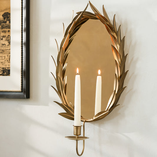 Gilded Wreath Mirrored Wall Sconce with taper lit