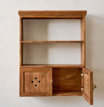 Vaughn Antiqued Wood Shelf with Doors shown with doors open