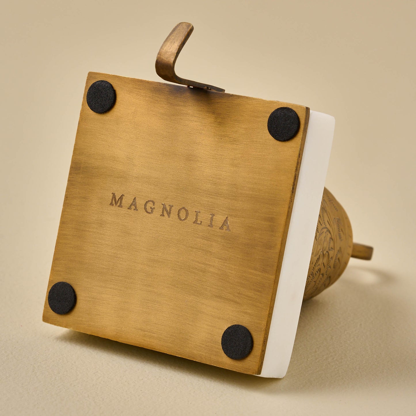 Antiqued Bell Stocking Holder magnolia logo on the bottom