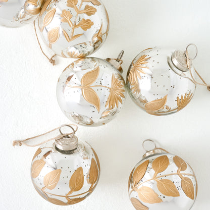 Small Mercury Glass and Gold Botanical Ornament Set of Six up close
