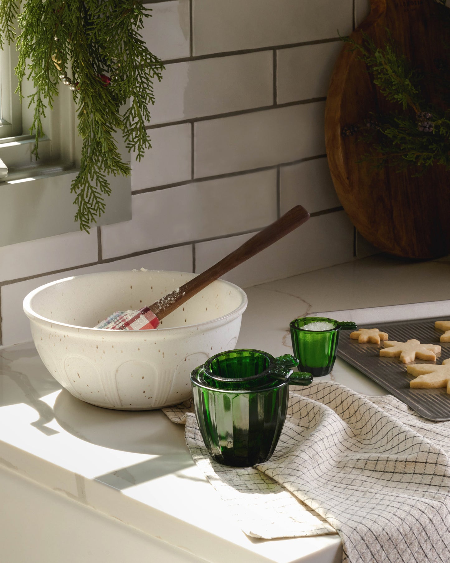 Green Glass Measuring Cup Set in the kitchen