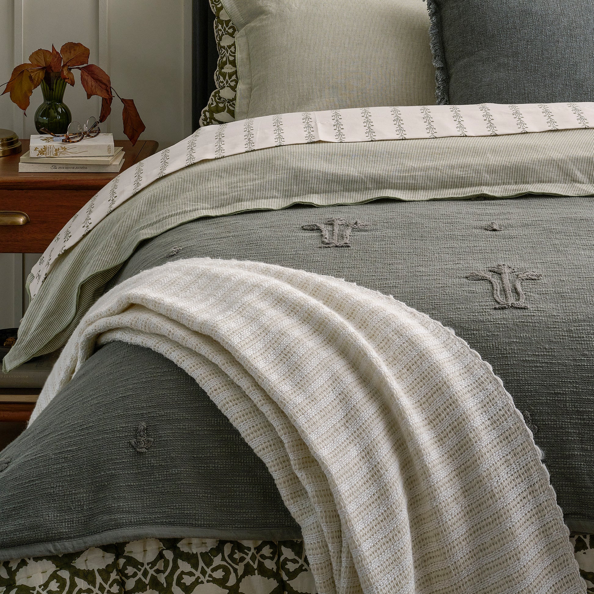 Petrol Blue Tulip Textured Coverlet shown on bed