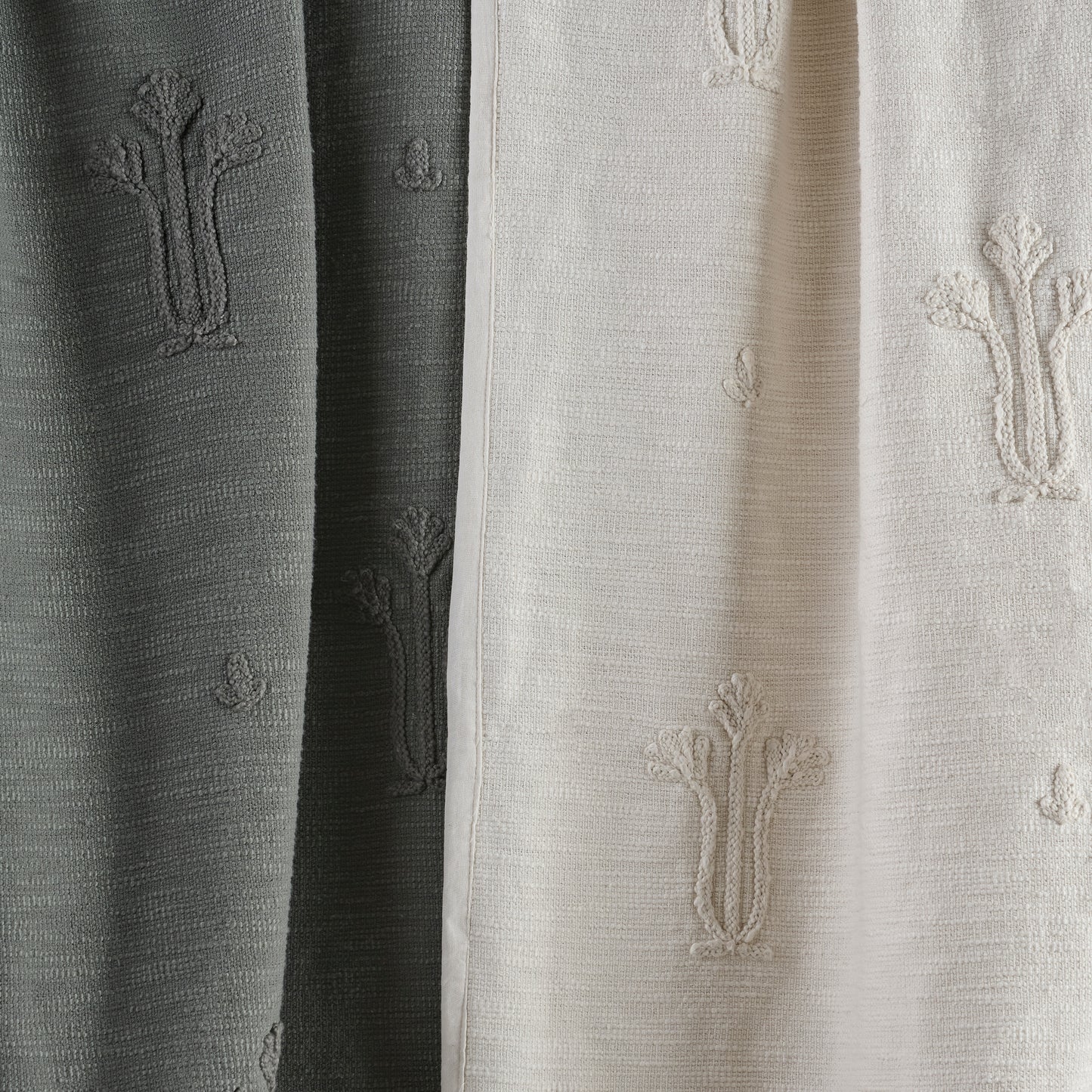 Cream Tulip Textured Coverlet close up with grey coverlet