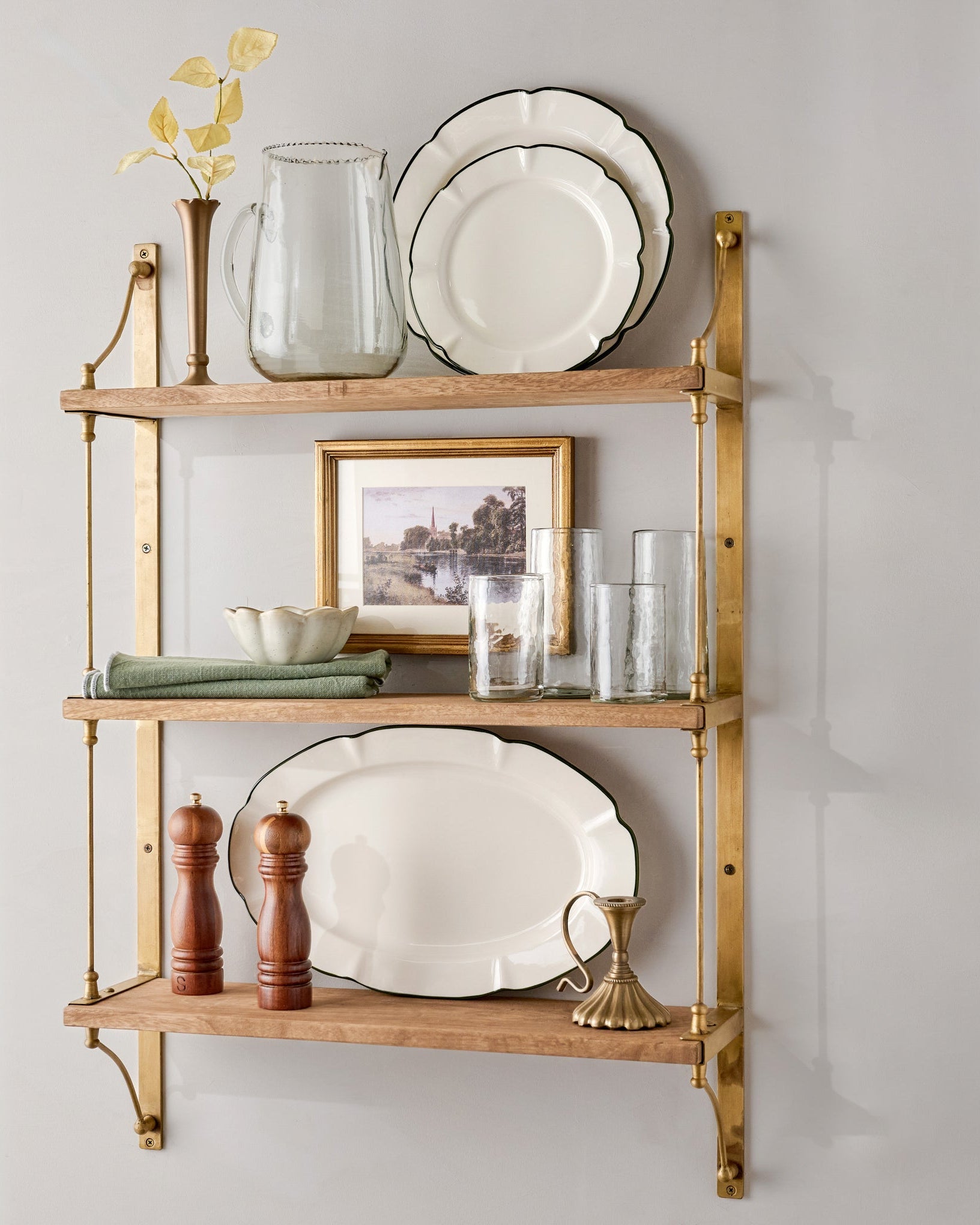 Triple Parker Brass and Wood Shelf