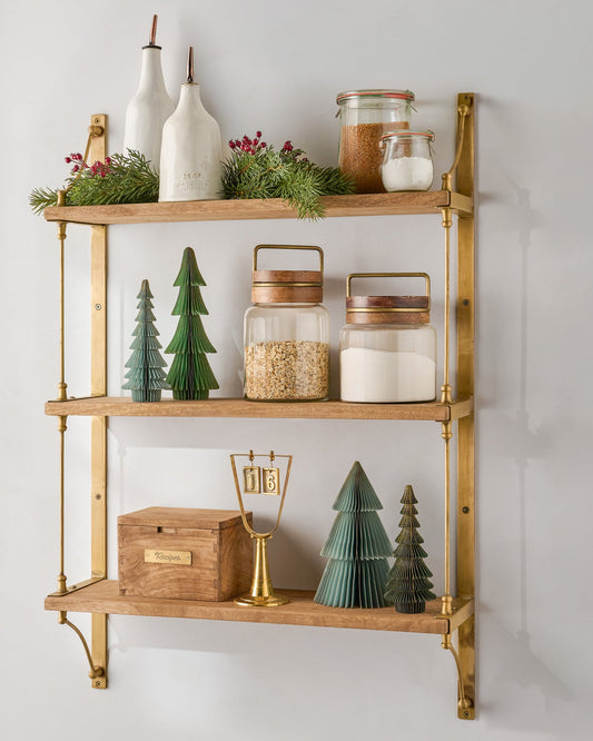 Triple Parker Brass and Wood Shelf shown with Holiday decor and kitchen goods