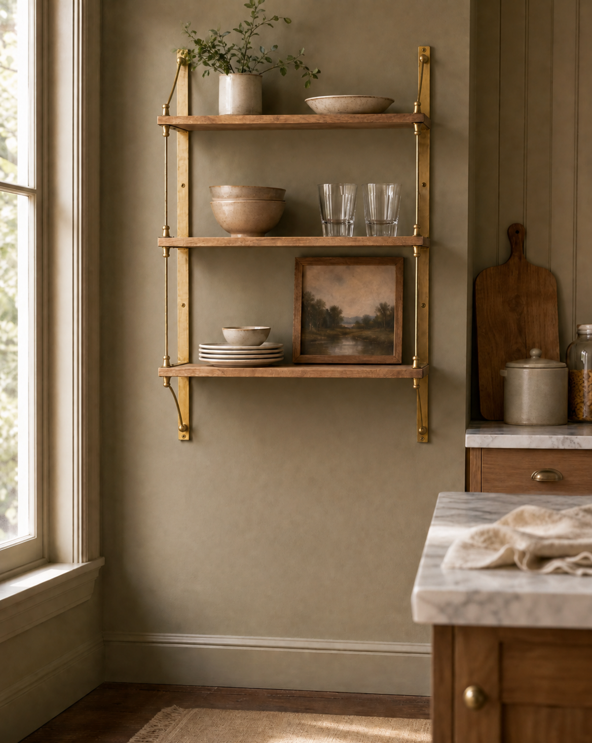 Triple Parker Brass and Wood Shelf-AI gen