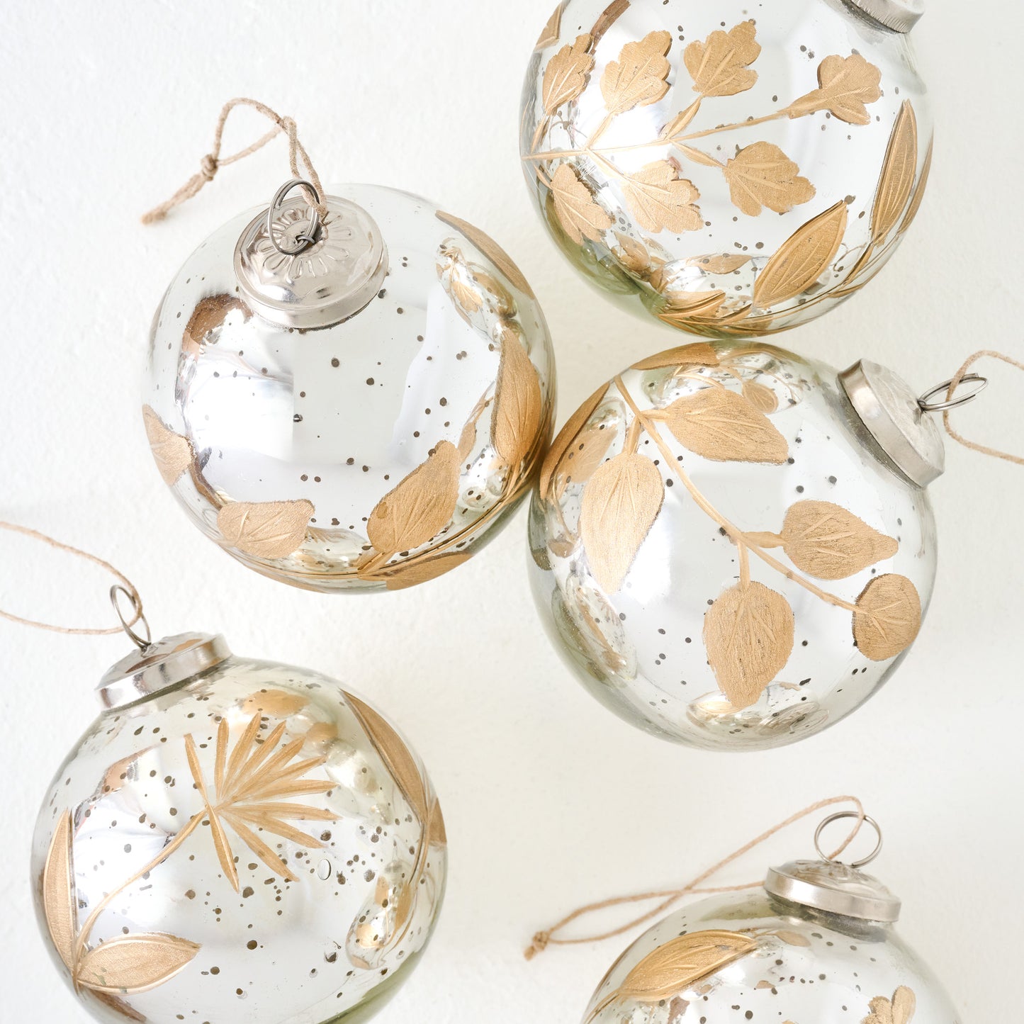 Large Mercury Glass and Gold Botanical Ornament Set of Six up close