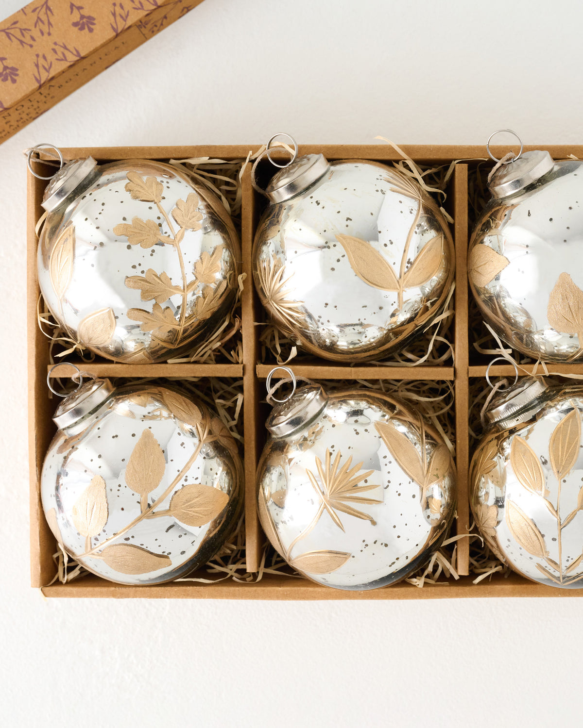 Large Mercury Glass and Gold Botanical Ornament Set of Six shown in box