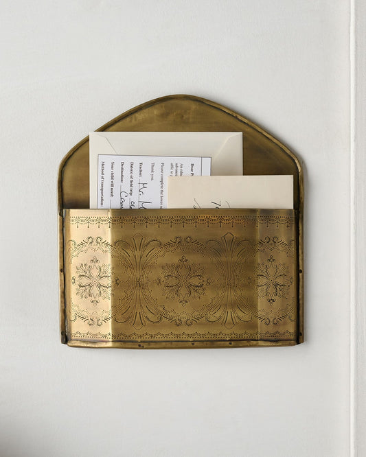  Etched Brass Wall Card Holder shown holding mail