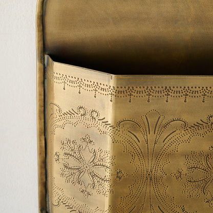 Etched Brass Wall Card Holder up close