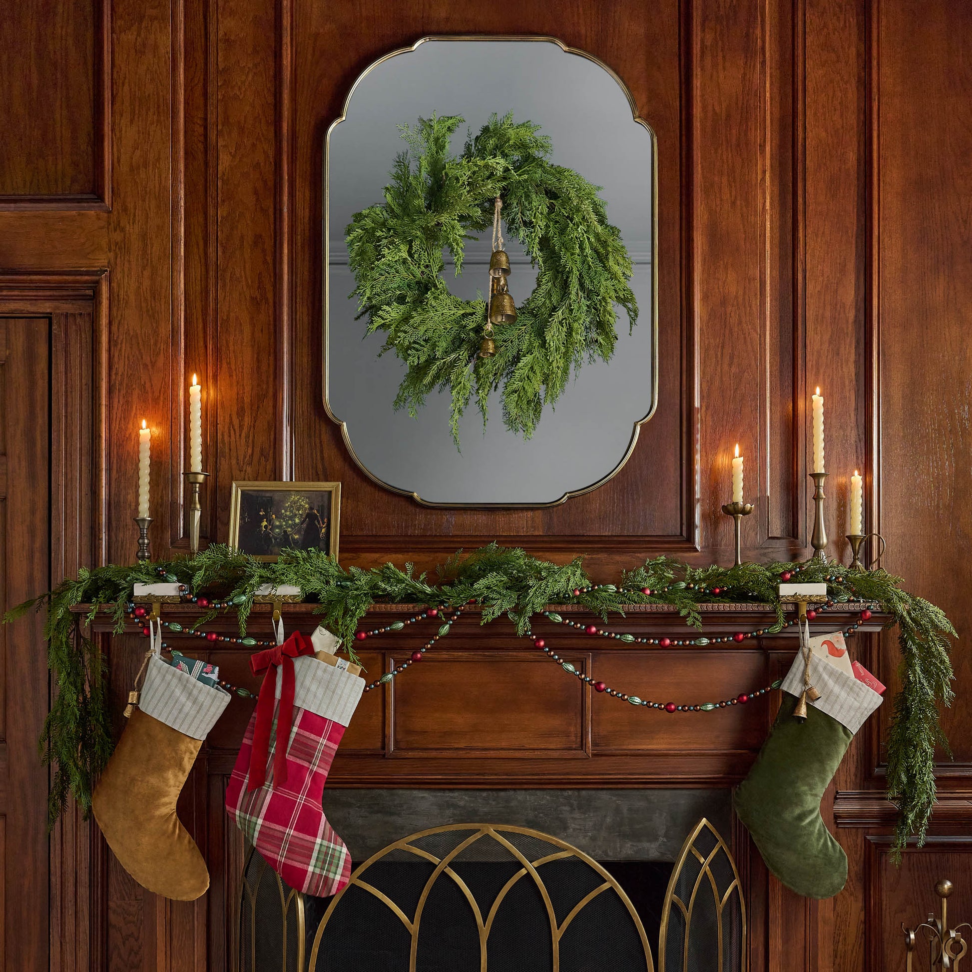 Real Touch Cedar Mix Wreath over a fireplace