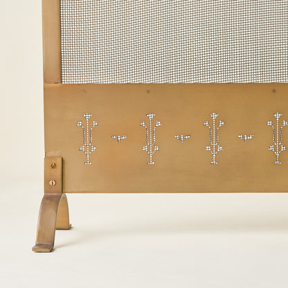 Antiqued Brass Tulip Carved Fireplace Screen up close