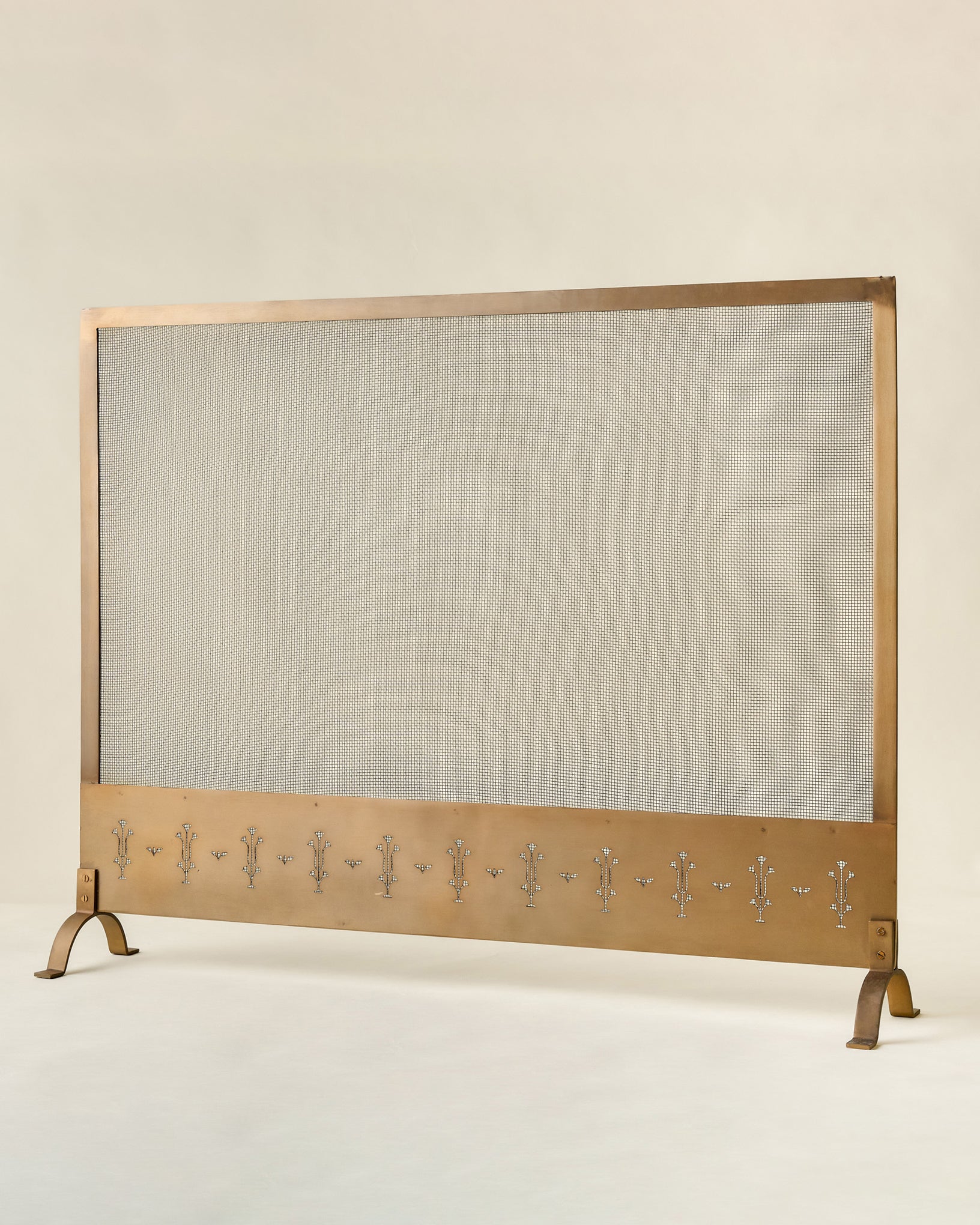 Antiqued Brass Tulip Carved Fireplace Screen