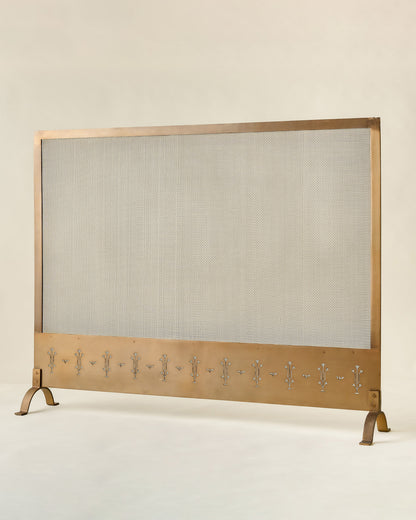 Antiqued Brass Tulip Carved Fireplace Screen