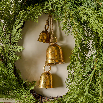 Etched Brass Hanging Bells in wreath up close