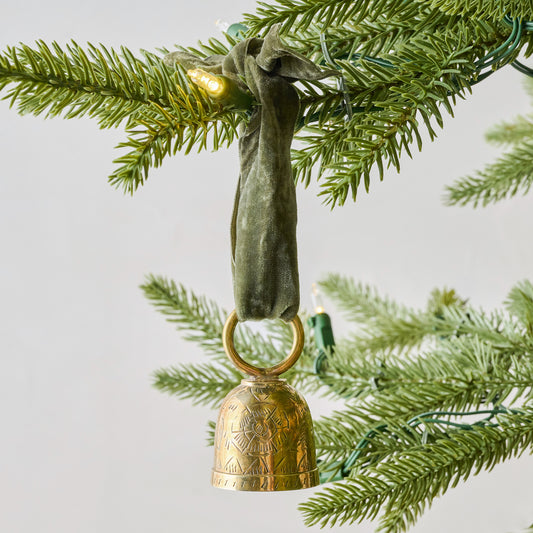 Gigi Etched Brass Bell Ornament shown on tree
