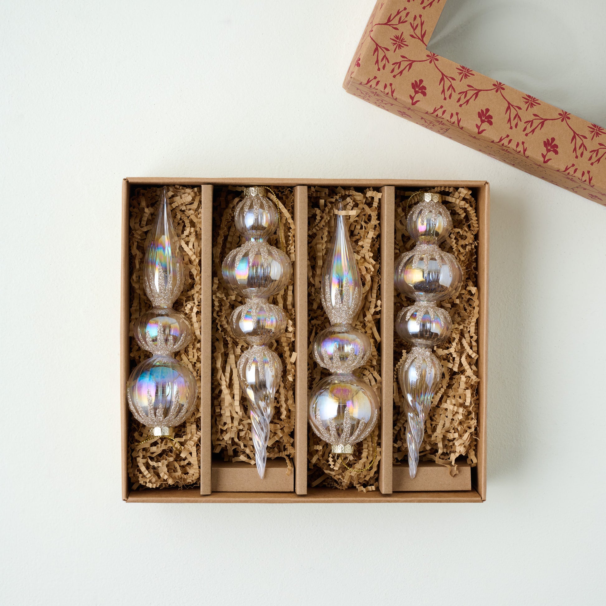 Winter Splendor Finial Ornament, Set of 4 shown in box