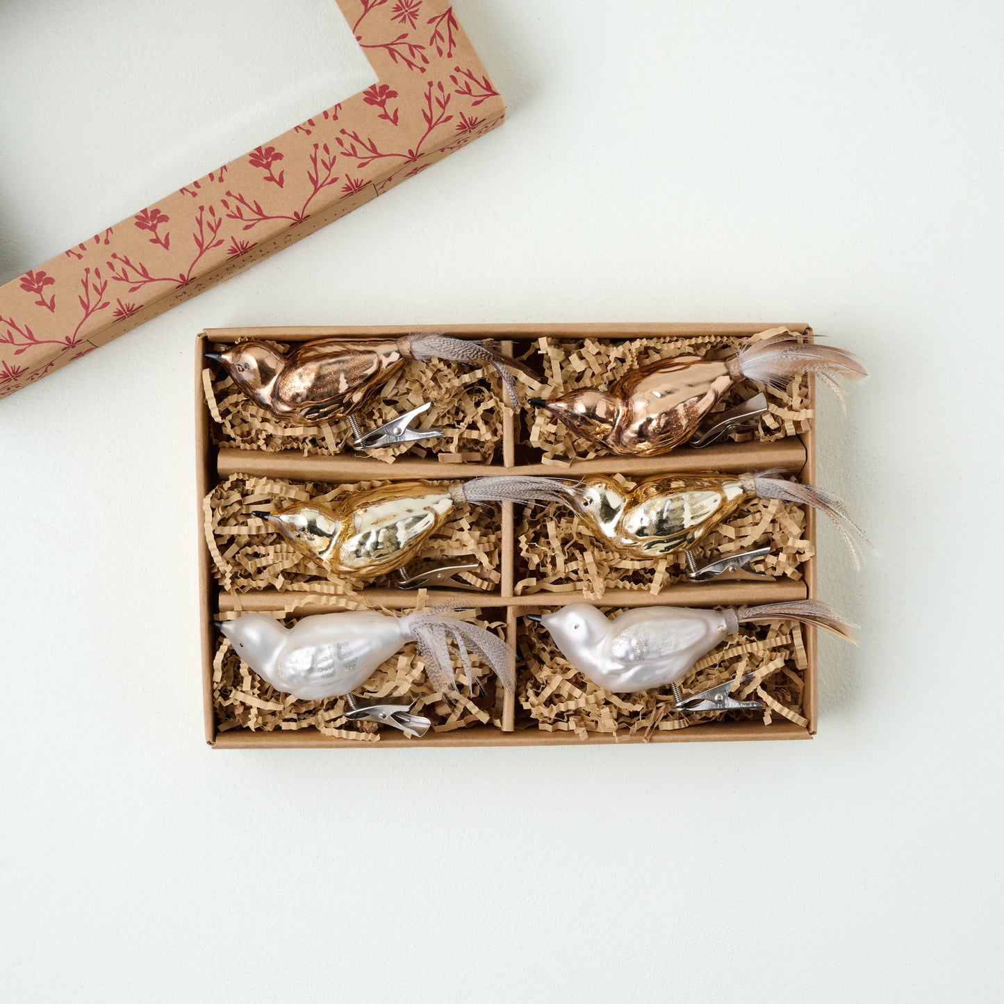 Glass Bird Ornament Clips, Set of 6 shown in box