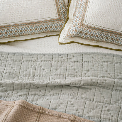Sutton Stone Blue Matelasse Coverlet shown on bed