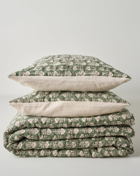 Flora Block Print Quilt - Dusty Green