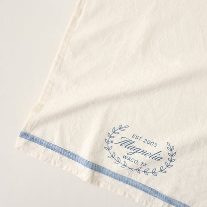 Magnolia Est. Blue Tea Towel up close