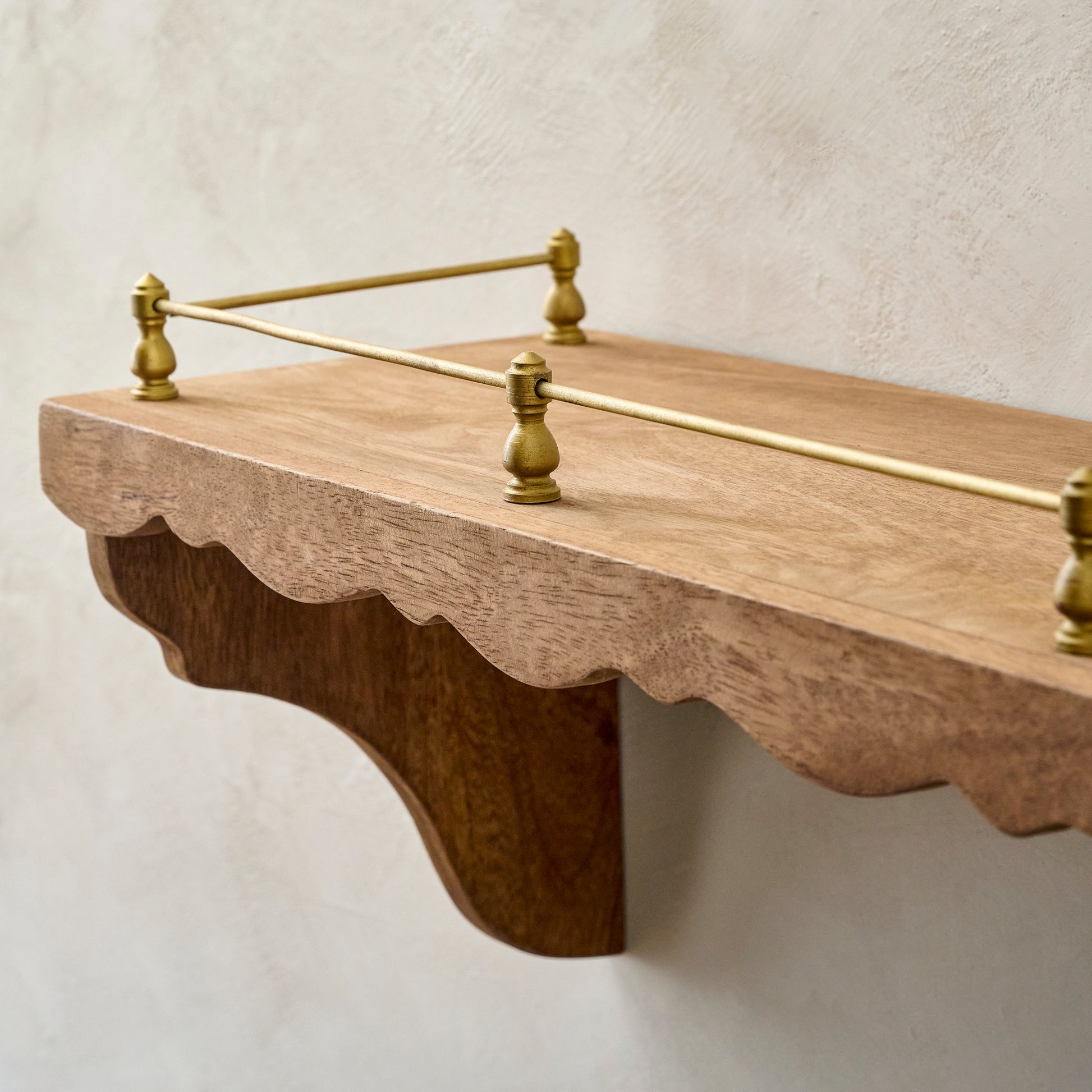Quinn Wood and Brass Railing Shelf up close