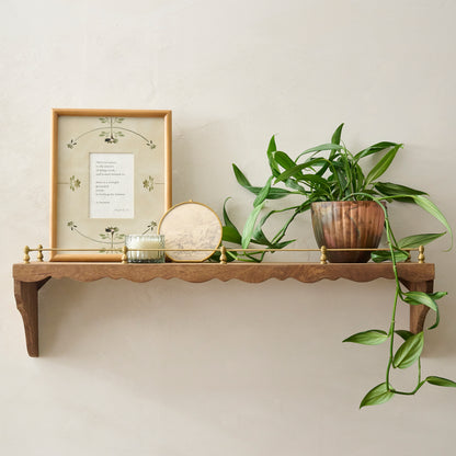 Large Quinn Wood and Brass Railing Shelf shown styled