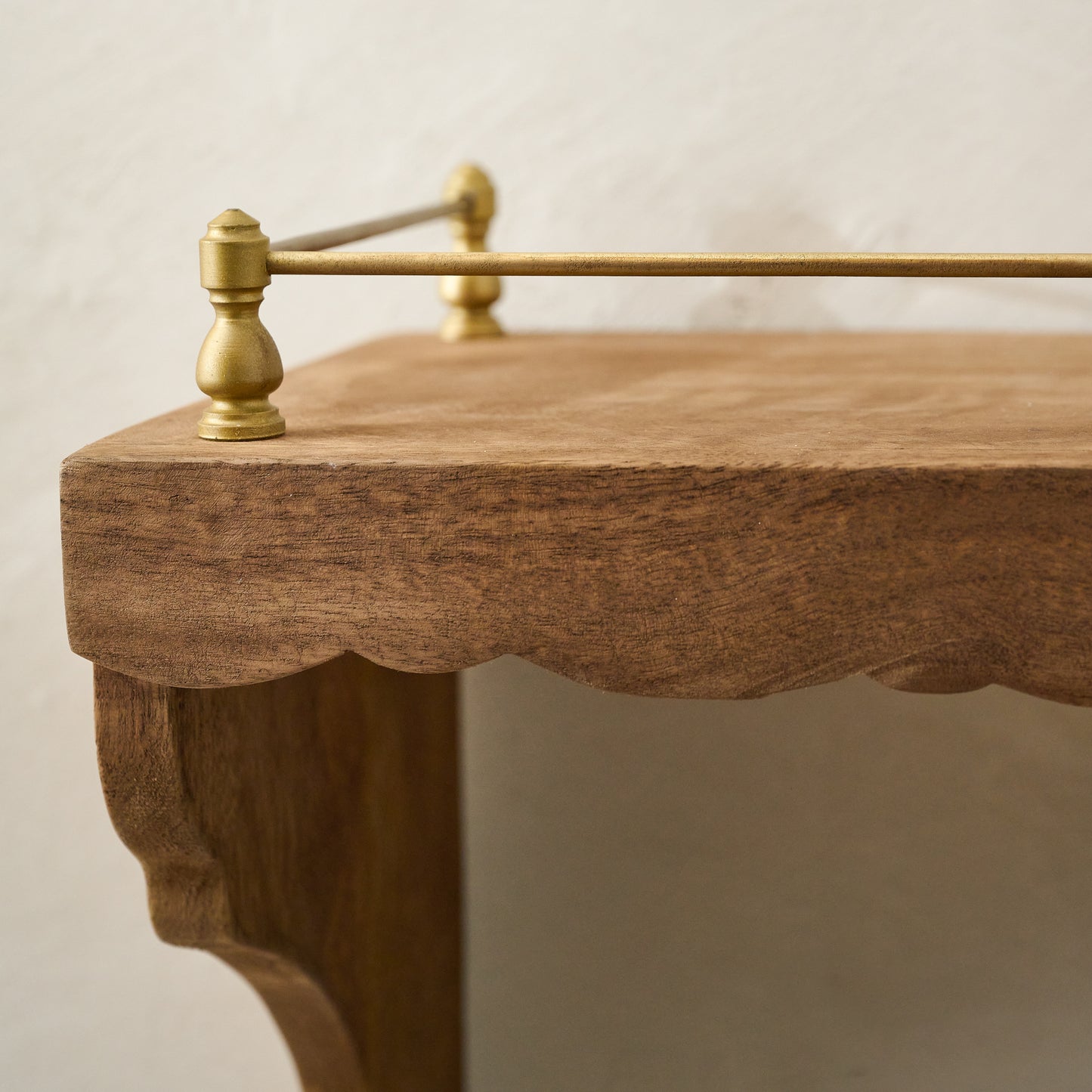 Small Quinn Wood and Brass Railing Shelf up close