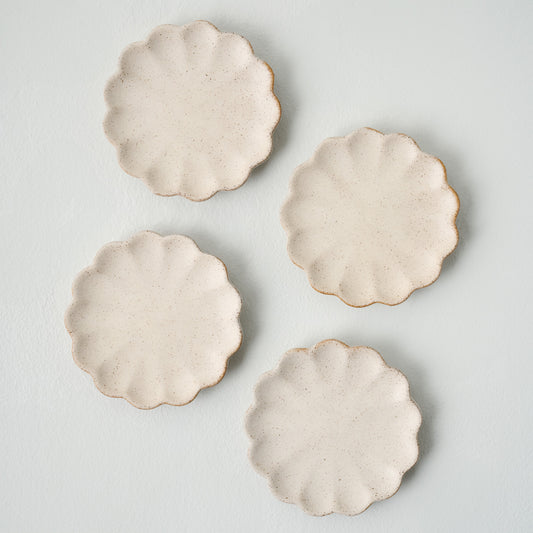 French White Scalloped Edge Stoneware Coaster Set