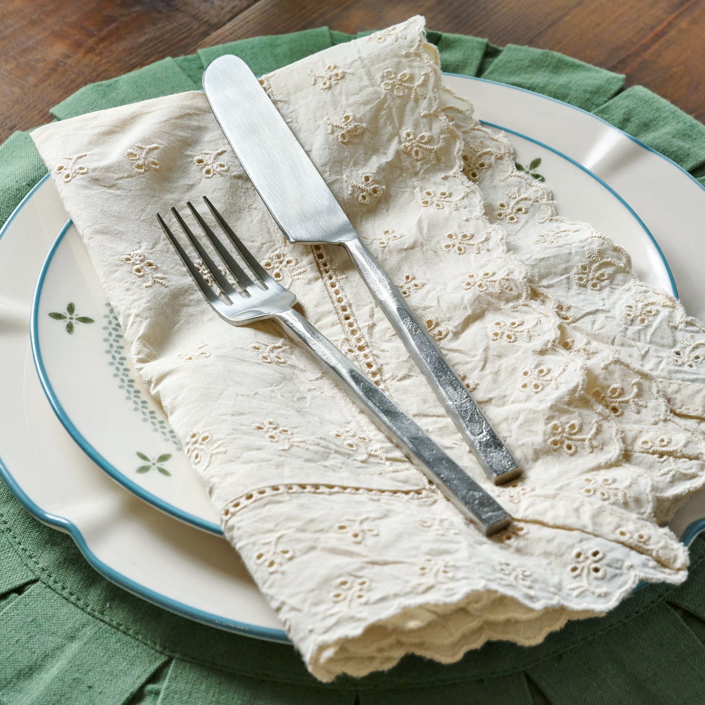 Antique White Eyelet Napkin Set of Four shown with place setting