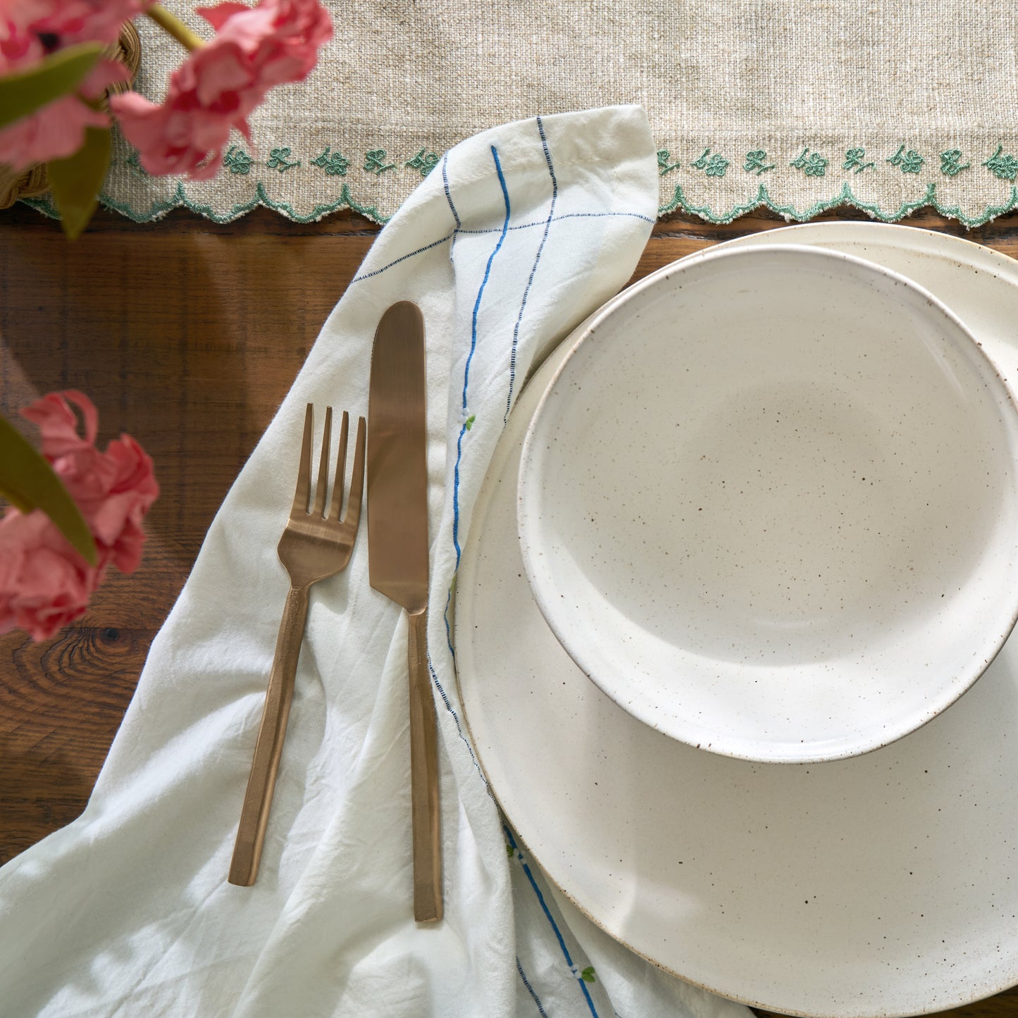 Copper Flatware Set of Five shown with table setting on table