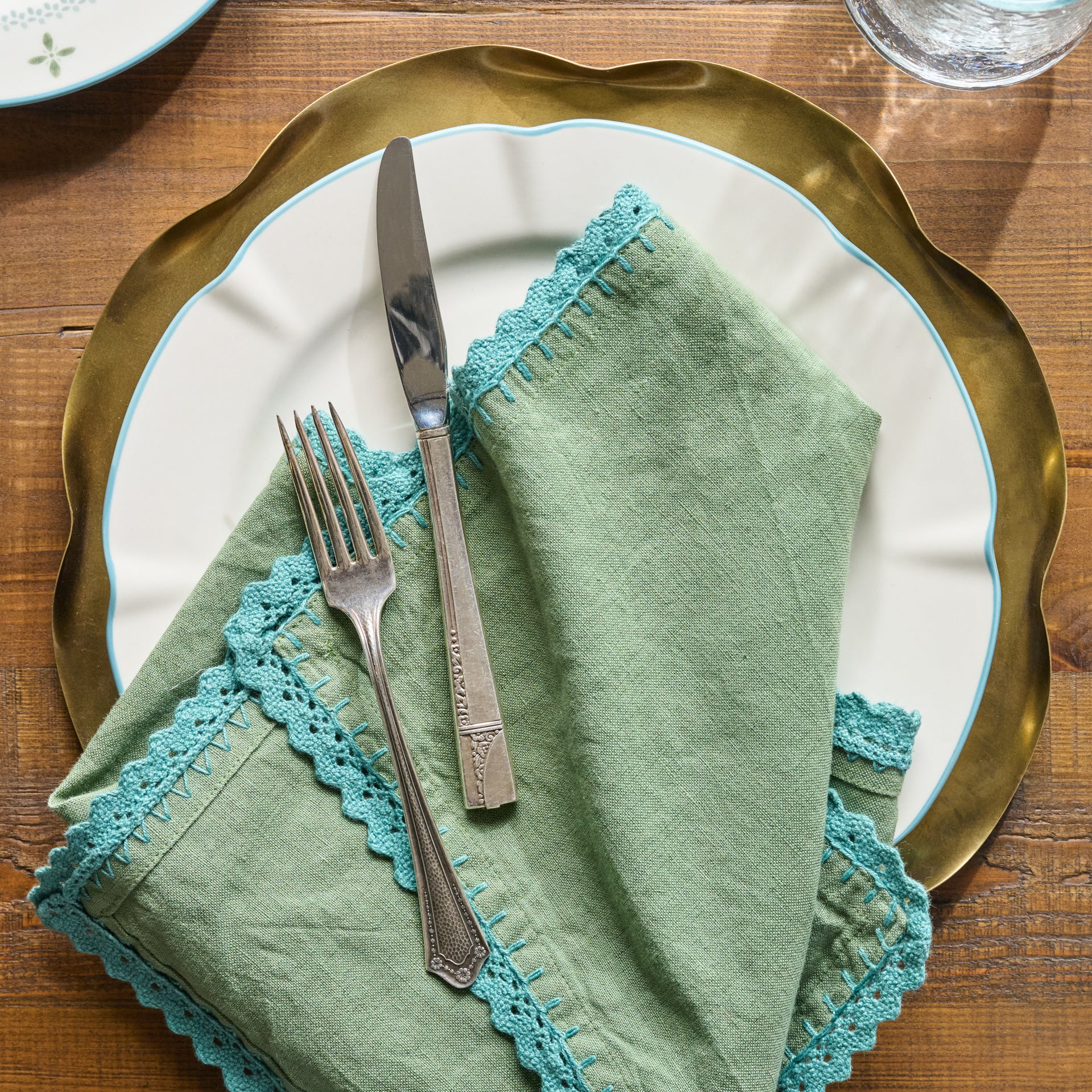 Green Crochet Edge Napkin Set of Four