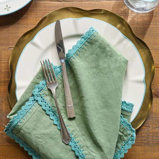 Green Crochet Edge Napkin Set of Four shown with table setting
