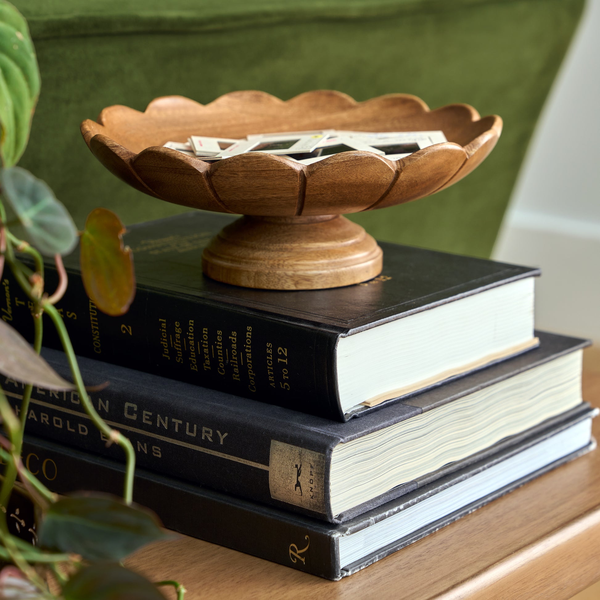 Decorative Antiqued Wood Footed Bowl shown styled