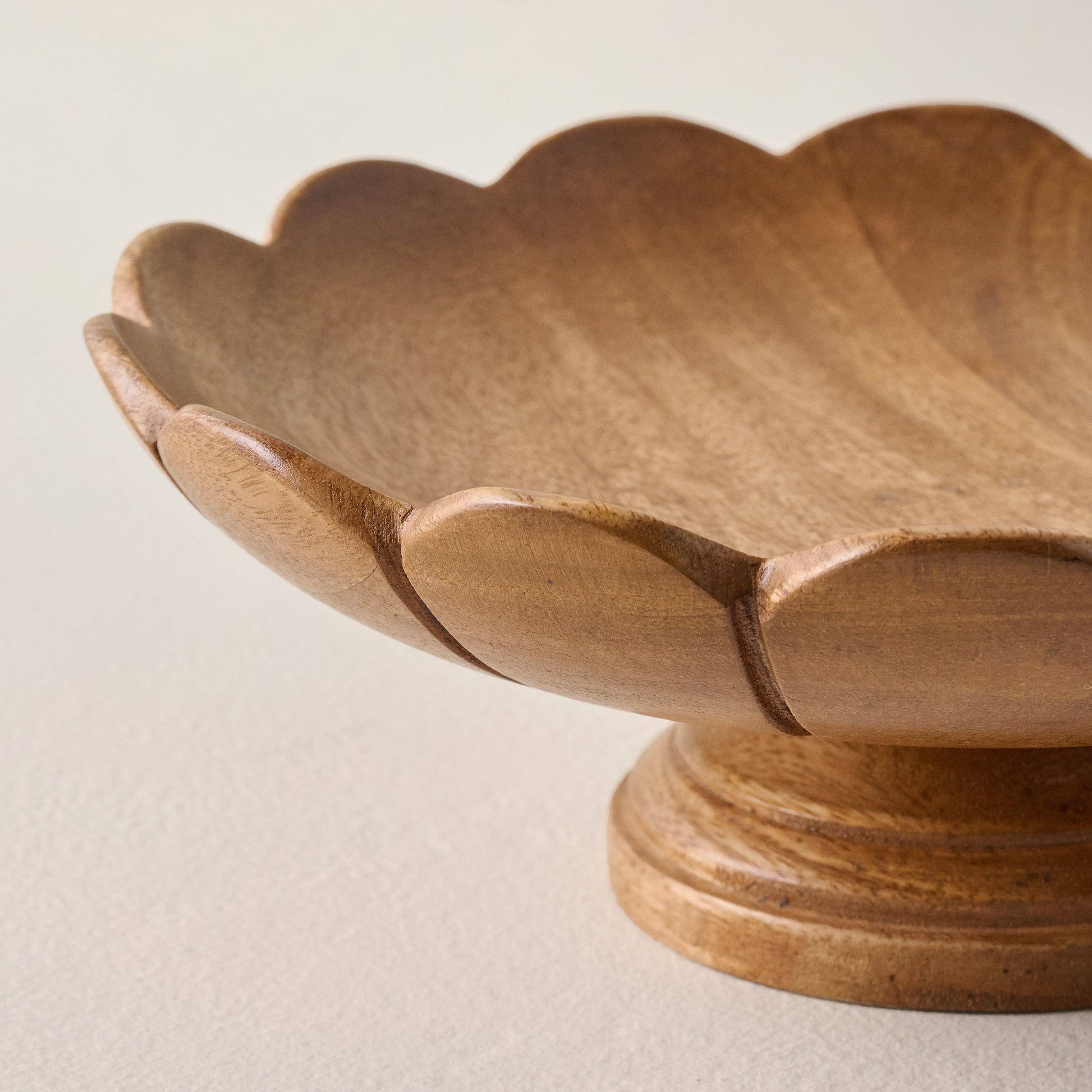 Decorative Antiqued Wood Footed Bowl up close