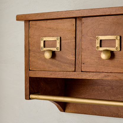 Cole Wooden Wall Shelf with Drawers and Rail up close